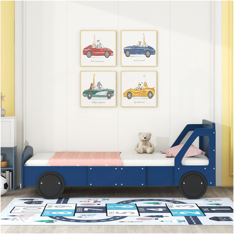 Lit plateforme simple en forme de voiture avec roulettes, bleu, Bleu, Lit simple