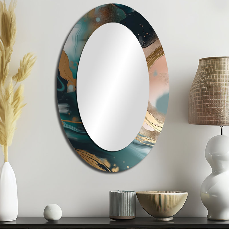 Gold And Green Abstract Marble Harmony Swirls I - Abstract Oval Decorative Mirror On Metal, 36" x 24"