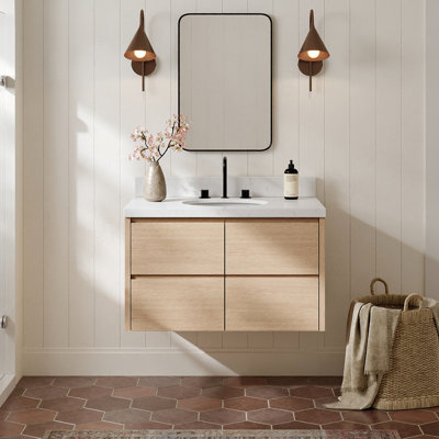   Setsuko 36 Inch Wall-Mounted Single Oval Sink Bathroom Vanity with Carrara White Quartz Countertop 1.5 Inch in Natural Oak