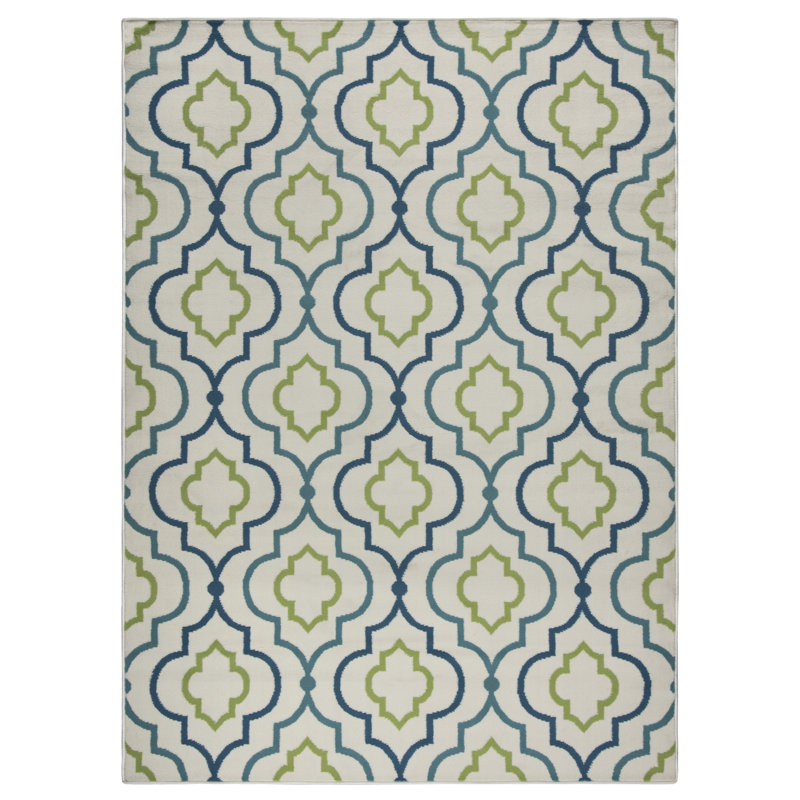 Tapis décoratif géométrique Ivoire/vert/bleu marine intérieur/extérieur Lucia, Rectangle 7'10" x 10'10"