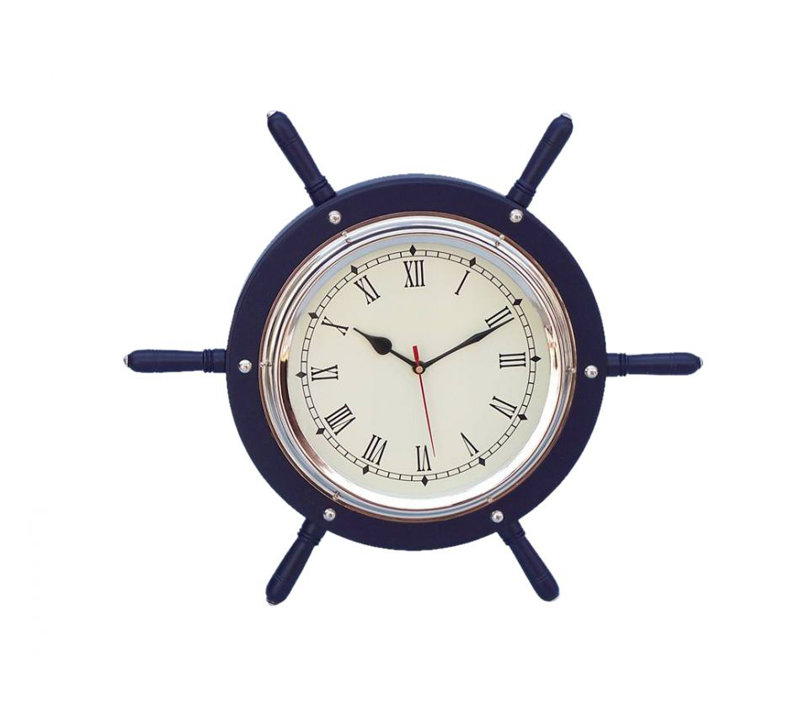 Wood Wall Clock, Dark Blue / Chrome