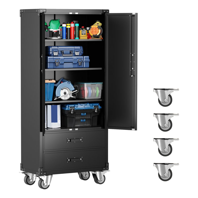 Armoire de rangement en métal avec roulettes, armoire de rangement à roulettes robuste avec portes verrouillables et 4 tablettes réglables