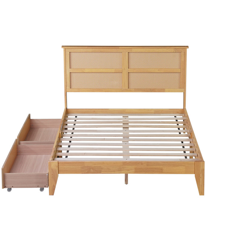 Oak White Full Bed Frame with Woven Rattan Headboard and 2 Drawers, Solid Wood Platform Bed Support, Oak White
