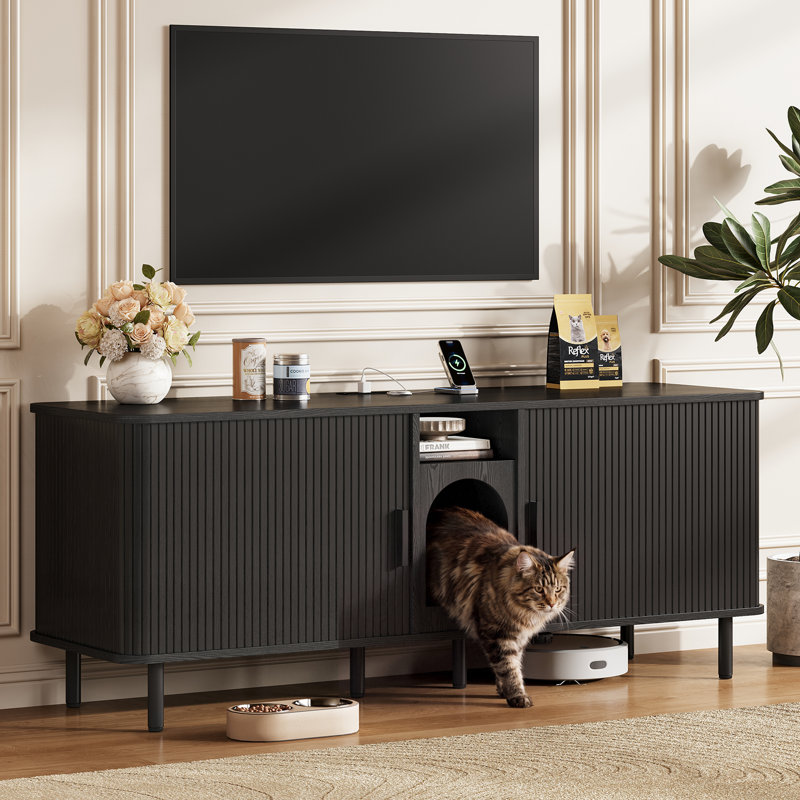 Enceinte de litière pour chat l 65 po avec prises et chambres doubles, Black