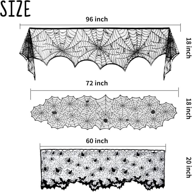 Lot de 4 nappes noires d'Halloween avec 60 chauves-souris en placage de PVC, nappe décorative avec dentelle et araignées pour Halloween.