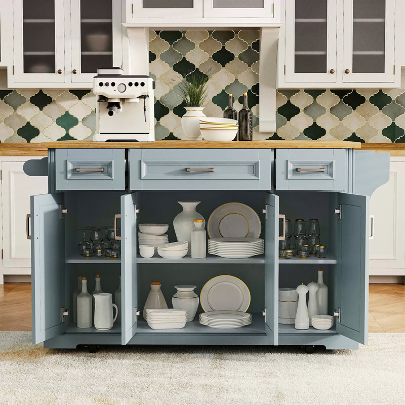54Inch Large Kitchen Island With Rubber Wood Drop Leaf, Embossed Texture Rolling Kitchen Cart On 4 Wheels With 4 Doors And 3 Drawers, Kitchen Island With Storage For Kitchen, Dining Room