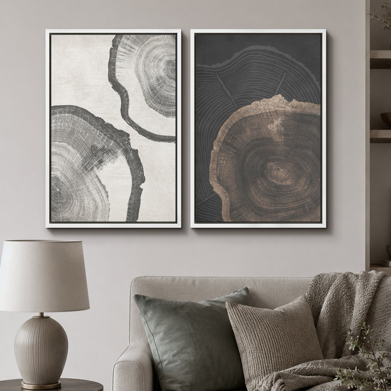 «Tree Ring», souche de bois gris, œuvre d'art neutre, photos de cabane de ferme rustique, ensemble de 2 impressions sur toile encadrées, 16 x 24 x 2, 24 x 36 x 2