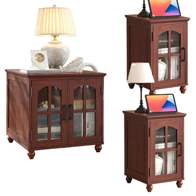 Ensemble de tables de bout 3 pièces avec station de charge, tables d'appoint en bois avec porte de grange en verre et tablettes réglables pour la chambre à coucher et le salon