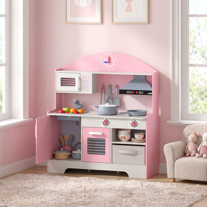 AIYAPLAY Kids Play Kitchen with Lights & Sounds, Fabric Drawer, Pink