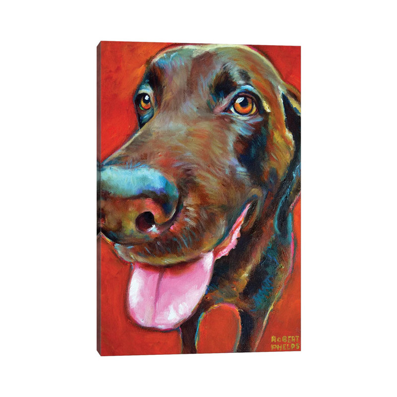 «Chocolate Lab» par Robert Phelps - peinture sur toile tendue, H 12 po x l 8 po x P 0,75 po