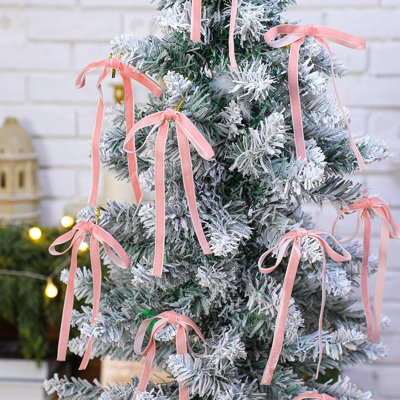 24 nœuds de Noël en velours rose clair - ornements en ruban de velours rétro 5 x 7 po pour arbre, guirlande, couronne et décorations de Noël intérieures (largeur de 3/8 po)