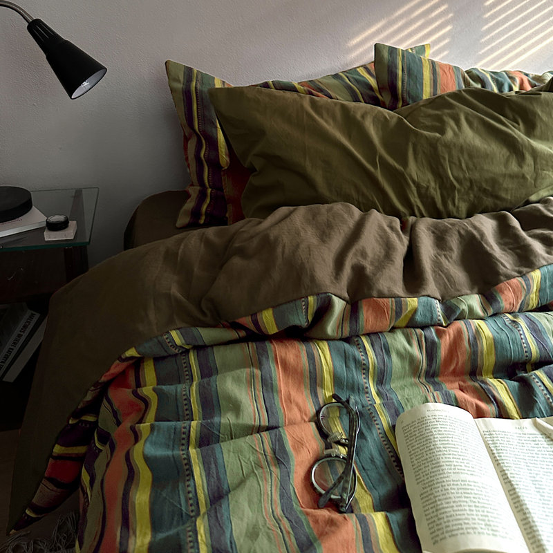 Vintage 3-Piece Cotton Duvet Cover Set With Pillow Shams, Queen Duvet Cover + 2 Standard Shams, Green/Orange Striped