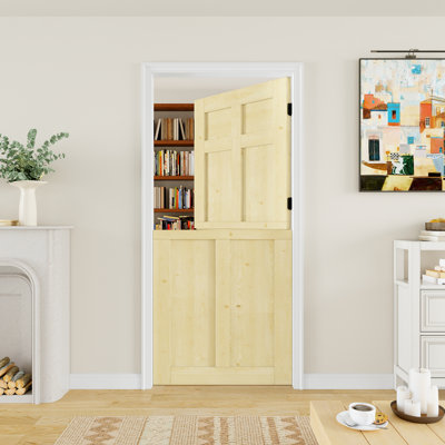 Porte semi-intérieure en bois de pin massif non fini avec dalle en bois de pin massif 6 panneaux