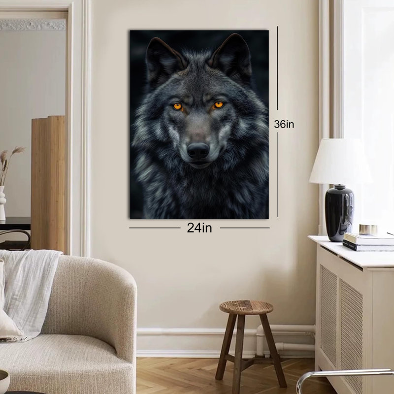 Tableau grand format sur toile représentant un loup sombre, décoration murale avec des loups majestueux aux yeux ambrés, portrait d'animal sauvage