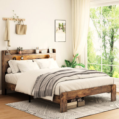 Queen Bed Frame, Wood Platform With Storage Led Headboard And Charging, Noise - Function, No Box Spring, Easy Assembly Task, Big Under Storage, Dark Brown Frame In Size 2 Outlets, Silent Working