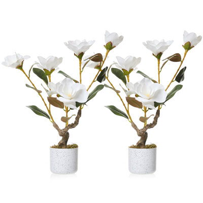 2 Pack 24" Artificial Magnolia Tree with White Planter, Faux Potted Magnolia Plant with 6 Flowers for Home Office Decor, White