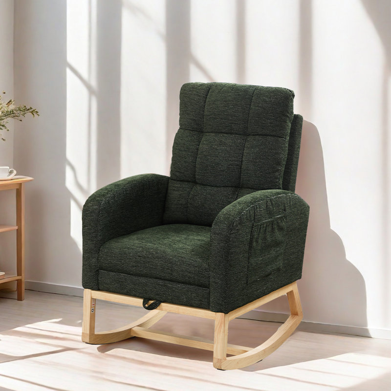 Chaise berçante d'appoint élégante et moderne avec pieds en bois massif, repose-pieds réglable, poche latérale et dossier haut