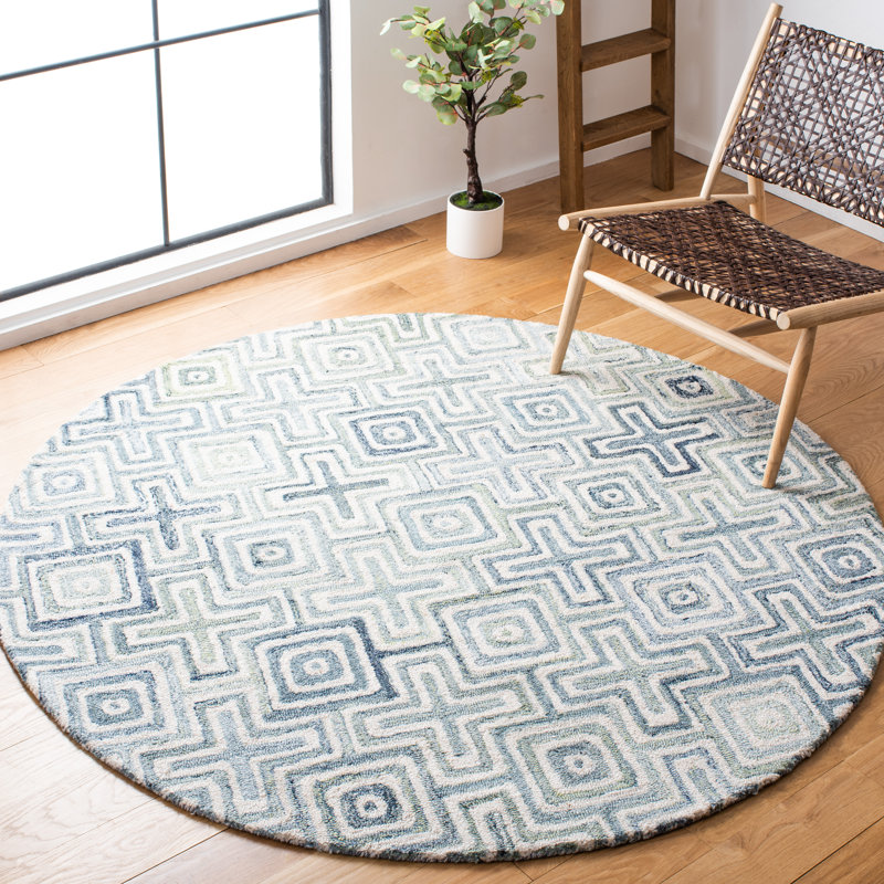 Gladies Geometric Handmade Tufted Ivory/Blue Area Rug, Round 6'