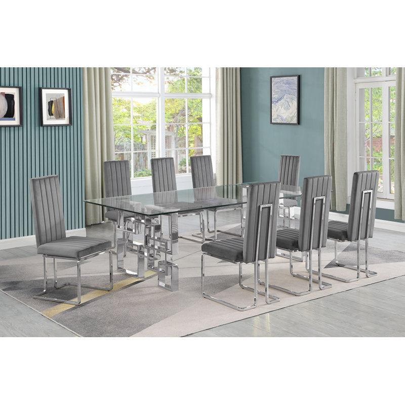 Ensemble de salle à manger en verre trempé transparent de 94 po x 46 po avec chaises en velours Hornick, 7, Argent