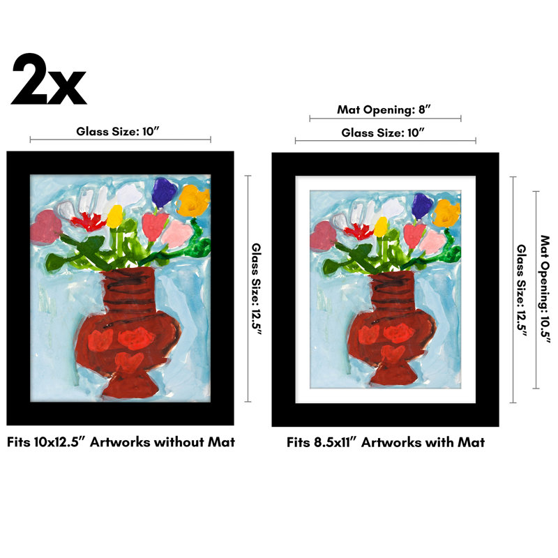Wiedeman Kids Art Frame 10 x 12.5” with 8.5 x 11” Mat - Composite Wood with Glass (Set of 2), Black
