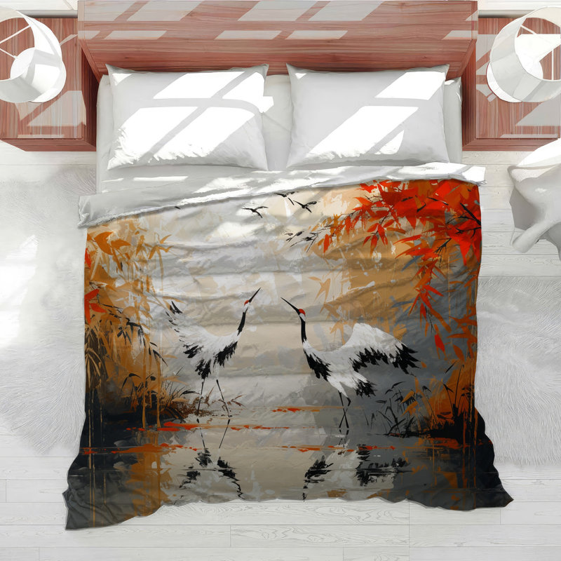 Cranes Painting Cotton Blend Comforter, Queen Comforter
