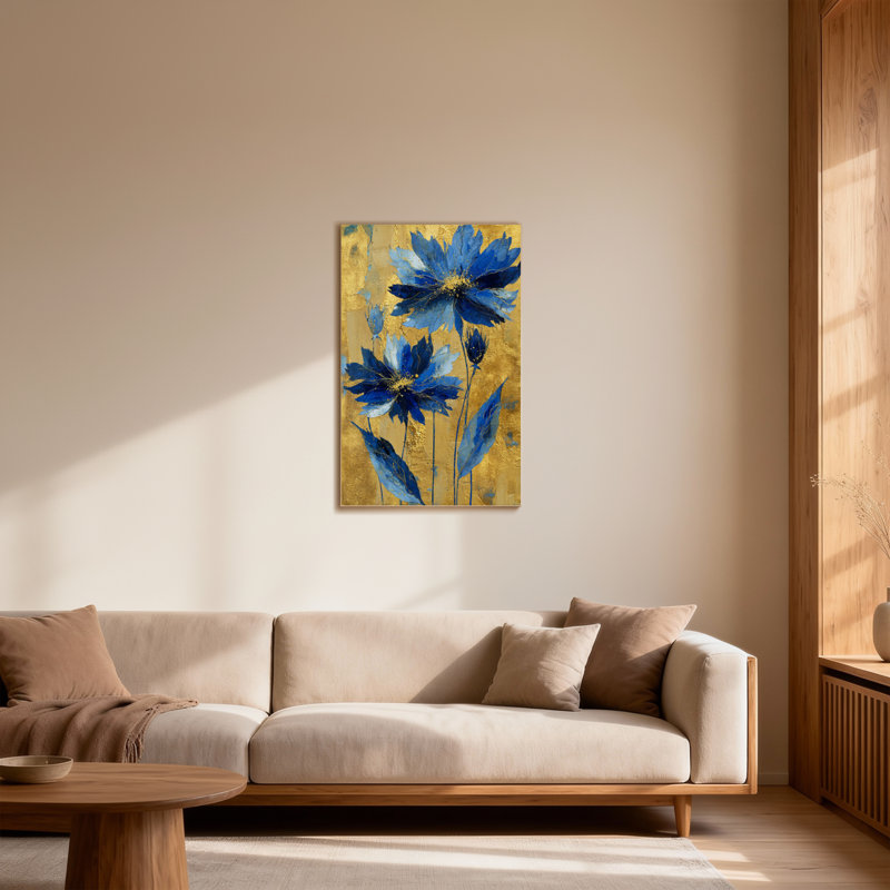 Plantes et fleurs, fleurs bleues sur fond doré, reproduction d'art, H 12 po x l 18 po