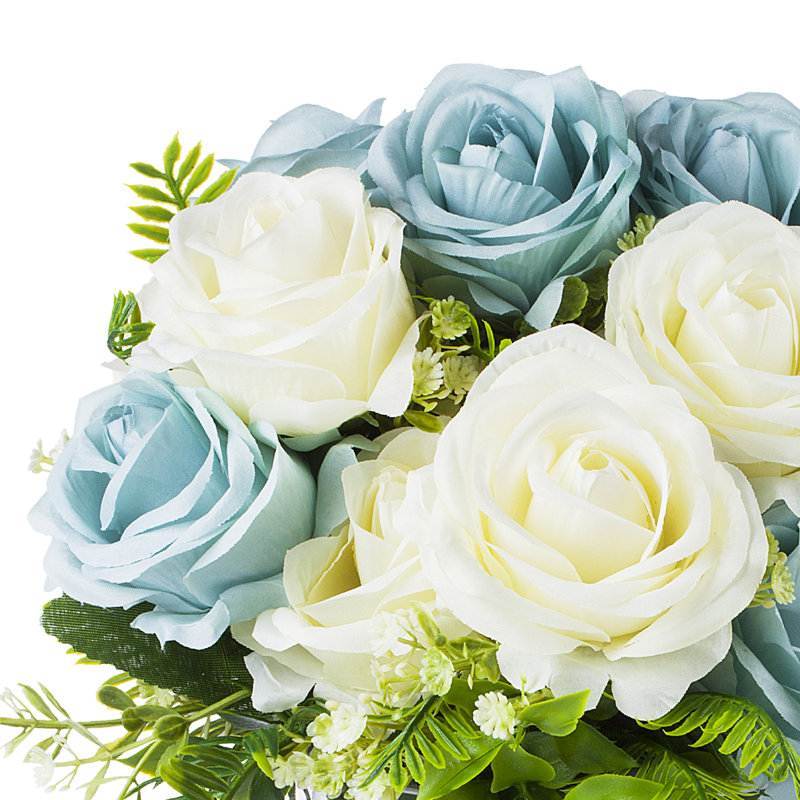 12 " Faux Rose in Glass Vase, Blue Cream