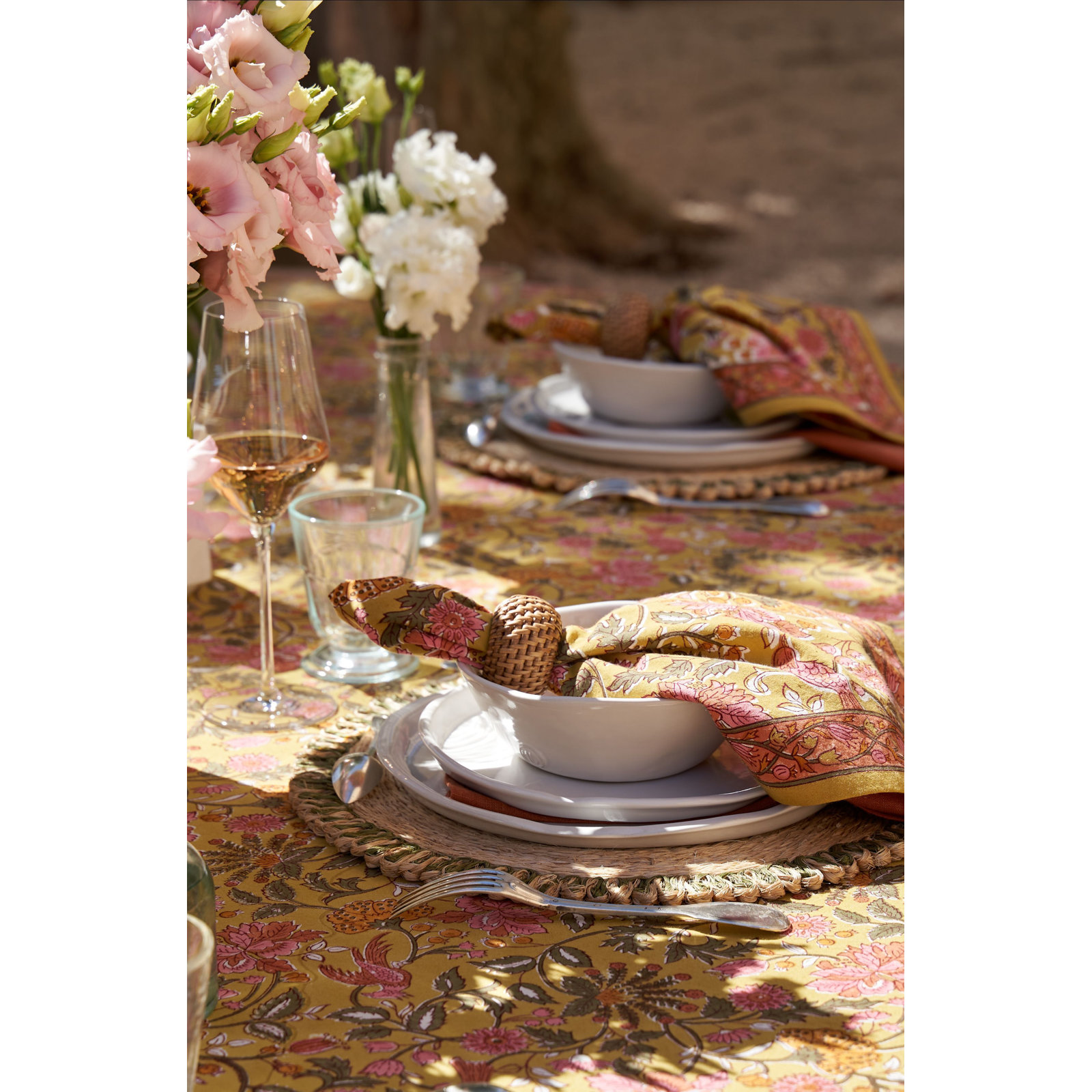 Trenton Tablecloth - Pink/Mustard - 59" x 59", 59'' Square