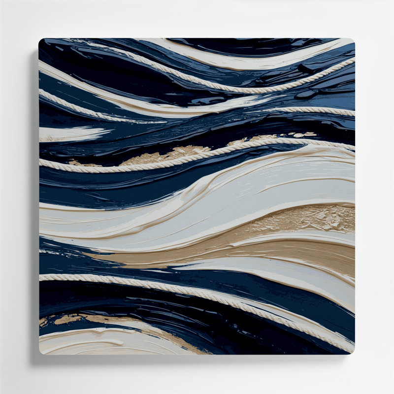 Art mural horizontal rayé bleu marine en métal crème, H 12 po x l 12 po