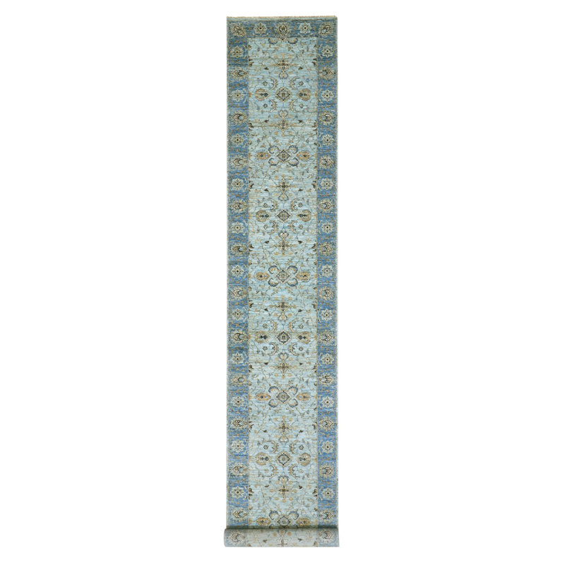 Tapis de couloir oriental bleu noué à la main 2 pi 9 po x 16 pi 1 po Crois Abbas
