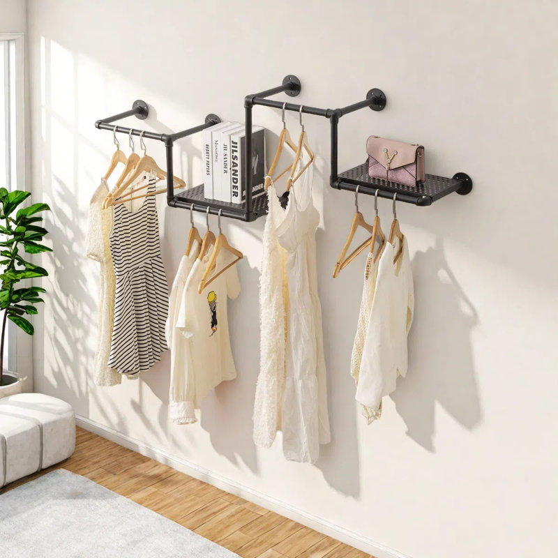 61 Inch Industrial Pipe Clothing Rack With 2 Floating Shelves , Space-Saving Wall Mounted Clothes Rack, Shelf With Hanging Rod For Closet Storage