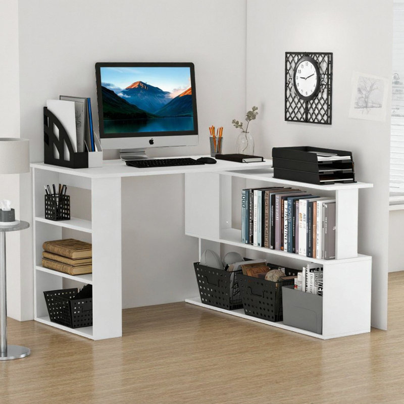 Bureau en coin pivotant à 360 ° en L avec tablettes - blanc, Blanc