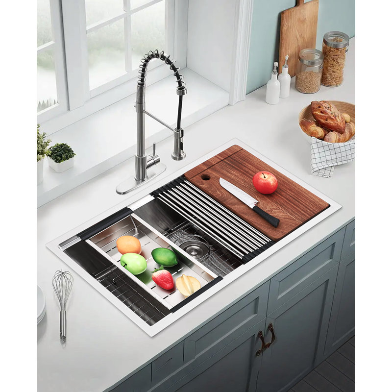 Évier de cuisine encastrable, cuisine en acier inoxydable 23 po x 18 po, évier simple à fixation sur le comptoir, station de travail moderne de calibre 16 avec accessoires pour bar, argent (robinet non inclus)