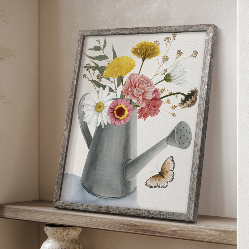 «Watering Can Bouquet II», reproduction encadrée - bois massif, H 11 po x l 9 po