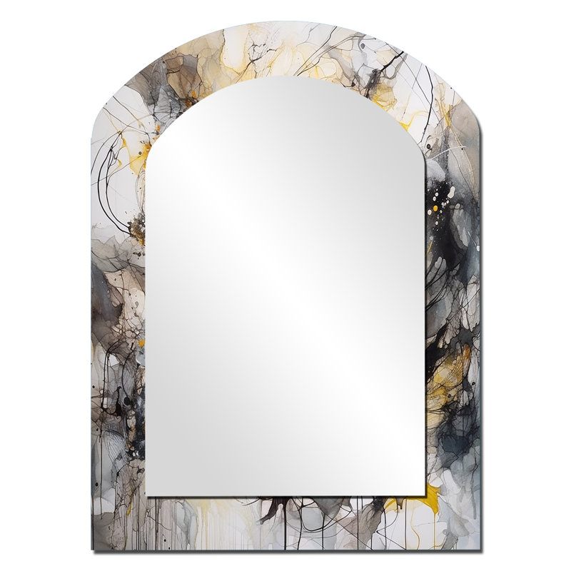 Yellow Grey Marble Symphony II - Abstract Arch Decorative Wall Mirror, Yellow Asymmetrical Large Mirror, Printed Metal Art