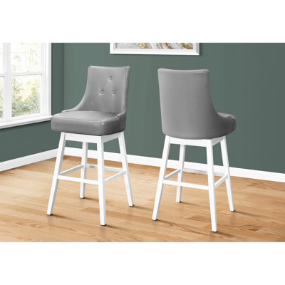 2, mécanisme pivotant, hauteur du bar, fabrication en bois blanc, coussin gris, tabouret enchanteur