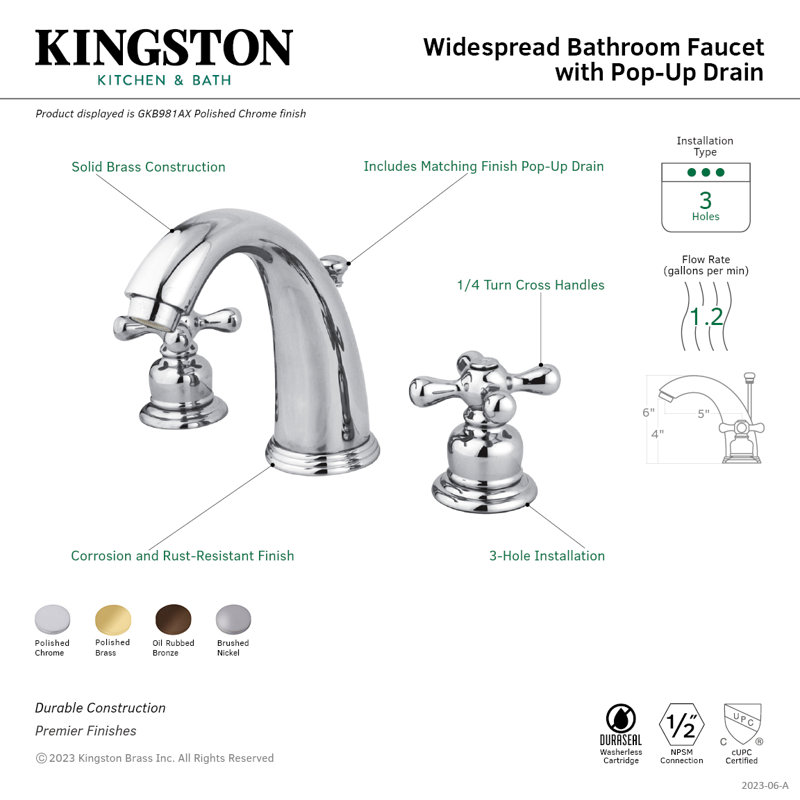 Kingston Brass Victorian Two-Handle 3-Hole Deck Mount Widespread Bathroom Faucet with Retail Pop-Up Drain, Polished Chrome
