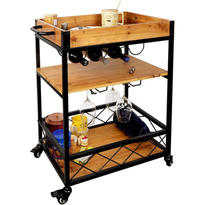 Kitchen Serving Cart with Removable Tray, 3-Tier Kitchen Utility Cart on Wheels with Storage, with Brakes, Leveling Feet by 17 Stories