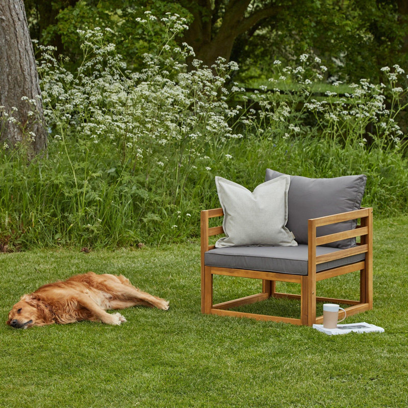 Rimasha Wooden Garden Armchair with 2-Seater Sofa & Coffee Table Set - Natural, Grey, Yes