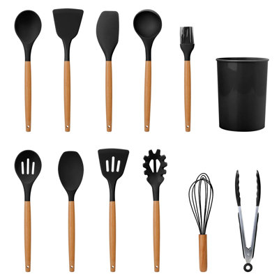 11-piece Silicone Cooking Utensil Set With Wooden Handles - Heat Resistant Spatula, Turner, Ladle, Tongs, Spoon & Whisk For Non-stick Cookware, Includes Holder