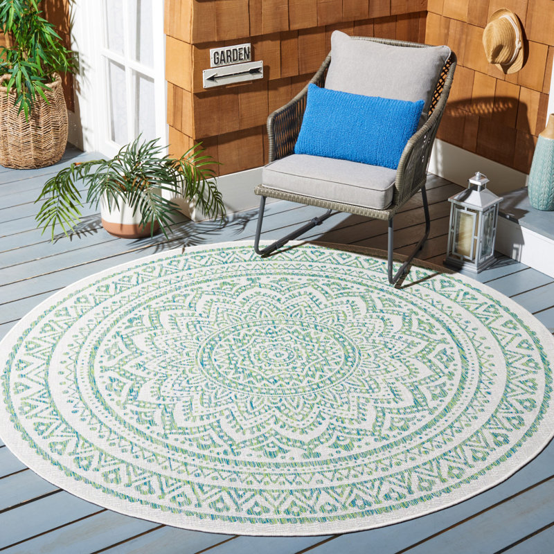 Elida Ivory/Green Indoor/Outdoor Area Rug, Round 4'