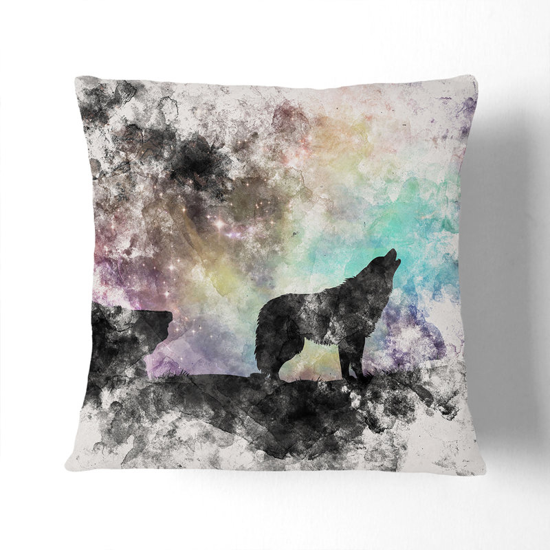 Howling Wolf with a Galaxy Forest Watercolour Cushion with Filling, 40cm H x 40cm W x 15cm D, Black
