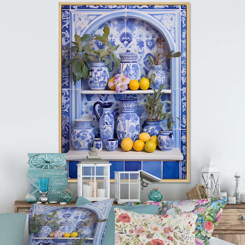 Carreaux grecs Still Life Kitchen II - Boho Pottery, art mural, H 32 po x l 24 po x P 1 po, Cadre flottant brun
