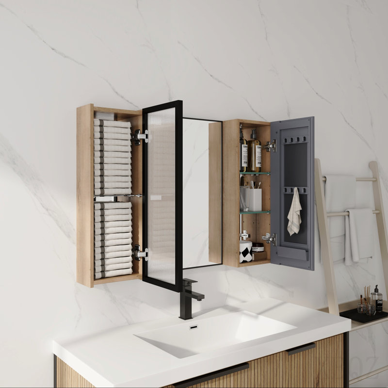 Armoire de salle de bain avec miroir 39,4 po avec combinaison de rangement, armoire à pharmacie murale avec porte à fermeture en douceur, tablettes réglables en verre, contreplaqué