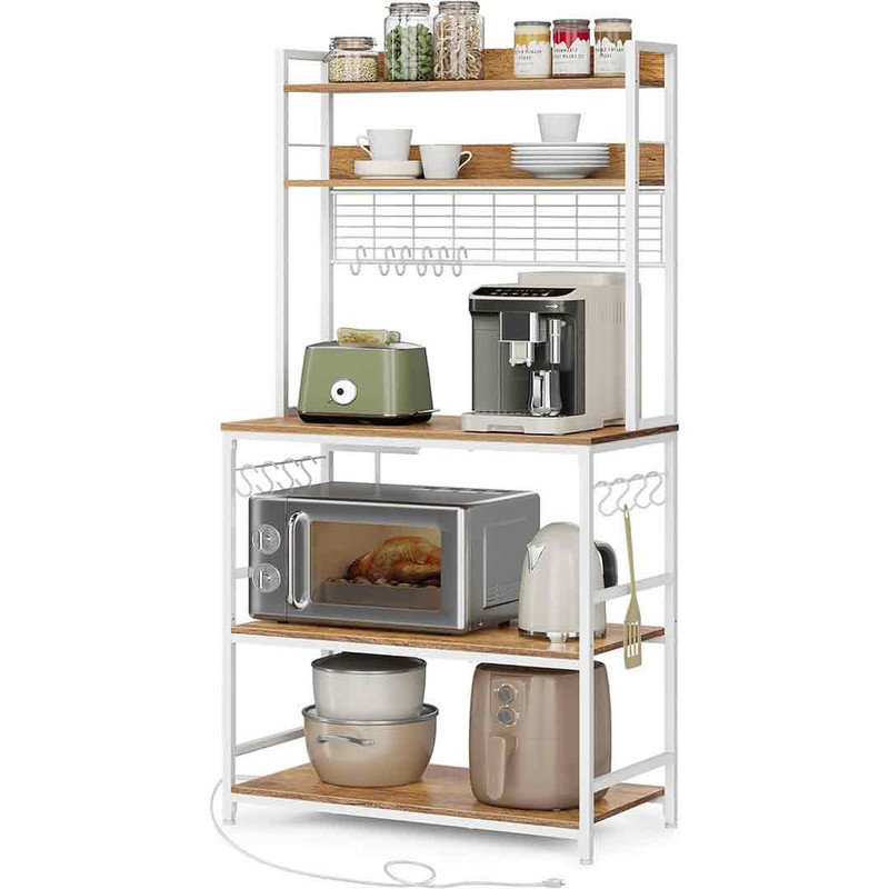 66.9''H 5-Tier Baker’s Rack with Power Outlet & Adjustable Shelf, 66.9'' H x 23.6'' W x 15.7'' D, Rustic Walnut/White