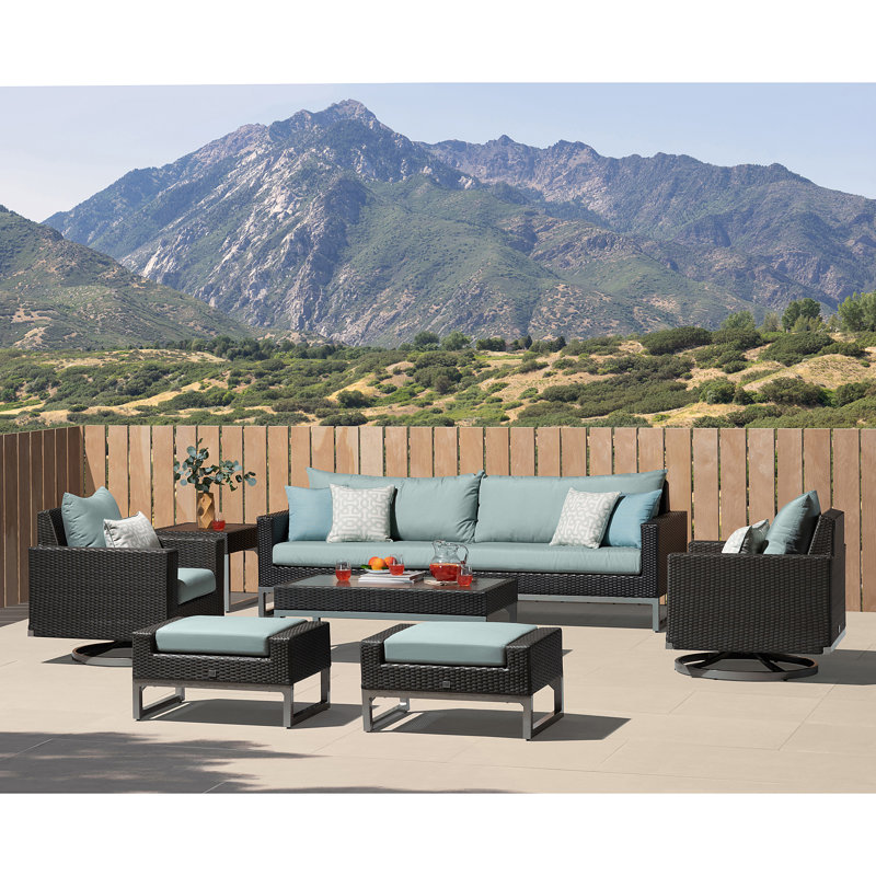 8 Piece Motion Deep Seating Patio Conversation Set, Brown, Canvas Jockey Red Sunbrella® Canvas
