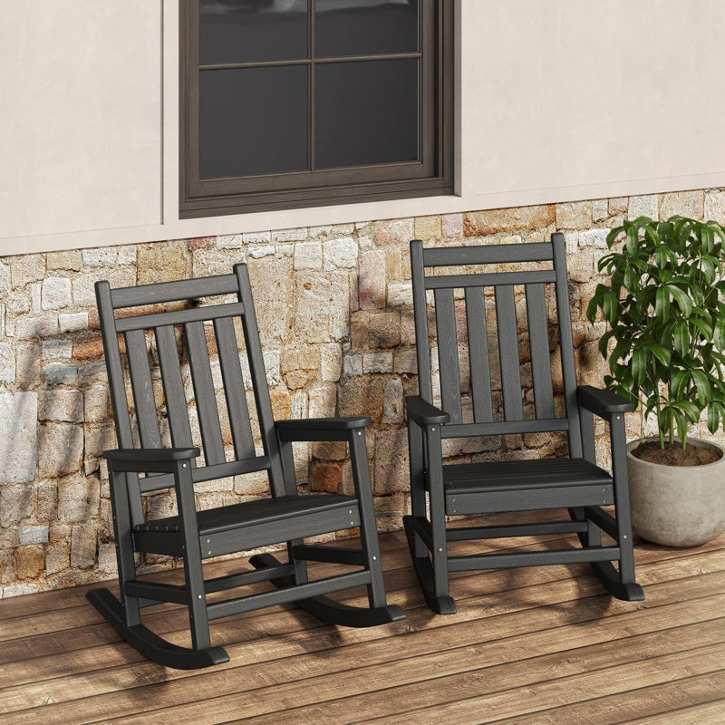 HDPE Rocking Chair Outdoor- Poly High Back Porch Rocker Chairs, All Weather Resistant Furniture, Black