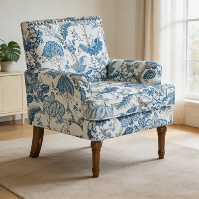 Chaise d'appoint, revêtement floral, garniture cloutée, pieds en bois massif, style campagnard, fauteuil, bleu et blanc, sièges de salon, meubles traditionnels, campagne française