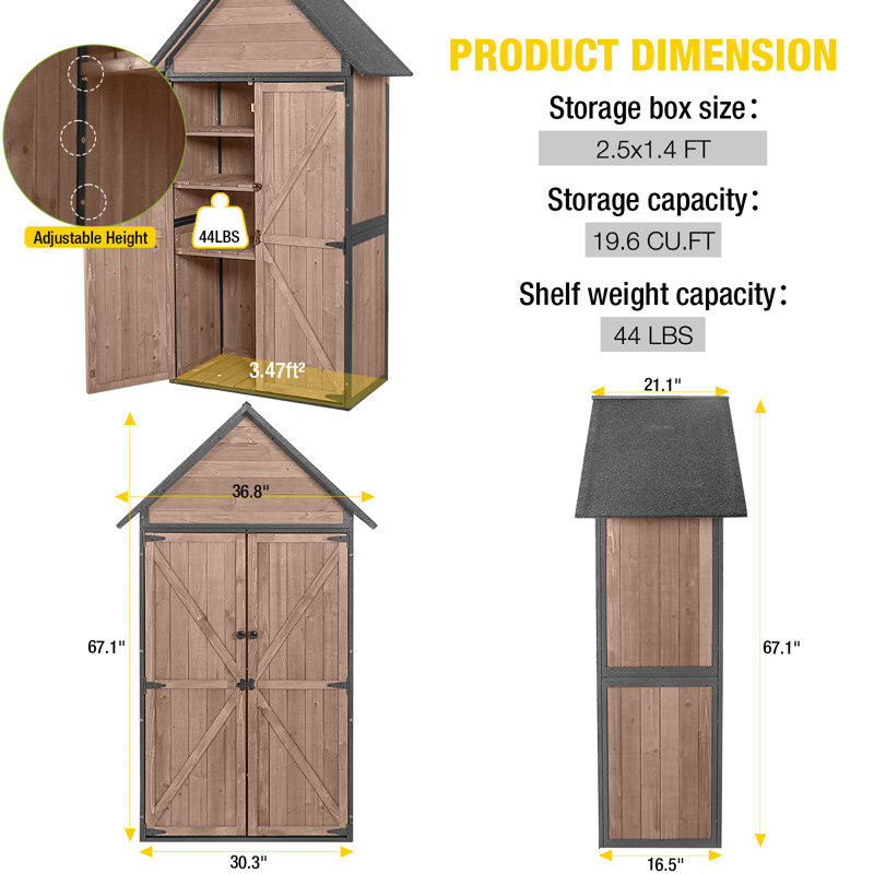 Dark Brown Fir Wood Outdoor Storage Shed with Shelving