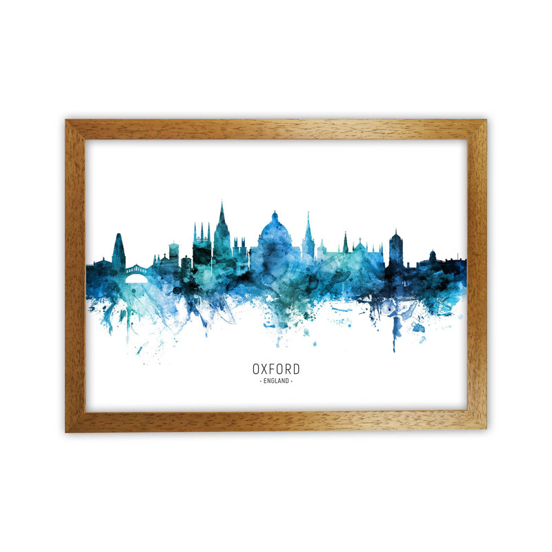 Oxford England Skyline Blue City Name by Michael Tompsett - Print, Oak Framed, 64cm H x 88cm W x 3cm D
